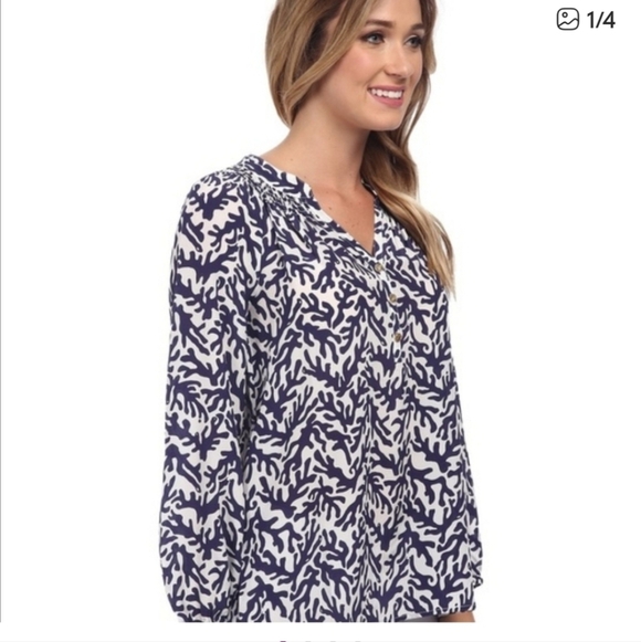 Lily Pulitzer Elsa Top 100 Silk Treaure Navy Coral  Size Small  Coastal Resort - Picture 2 of 11